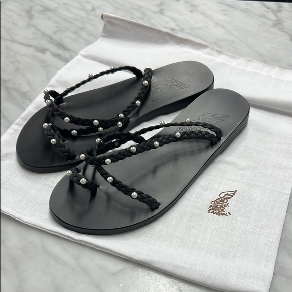 Ancient Greek NEW Eleftheria Imitation Pearls and Braided Black Leather Sandal 6 - Picture 5 of 13